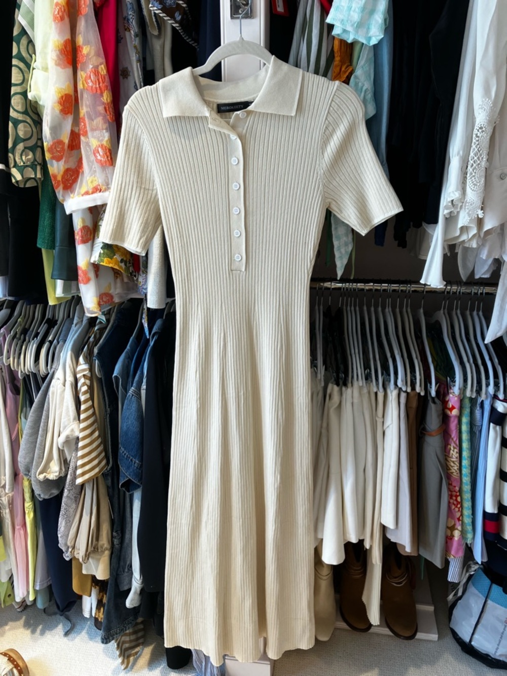 Women's Cream Ribbed Polo Midi Dress